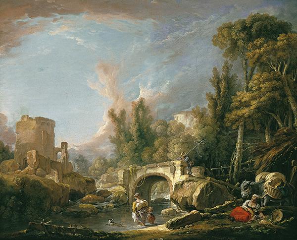 Francois Boucher River Landscape with Ruin and Bridge